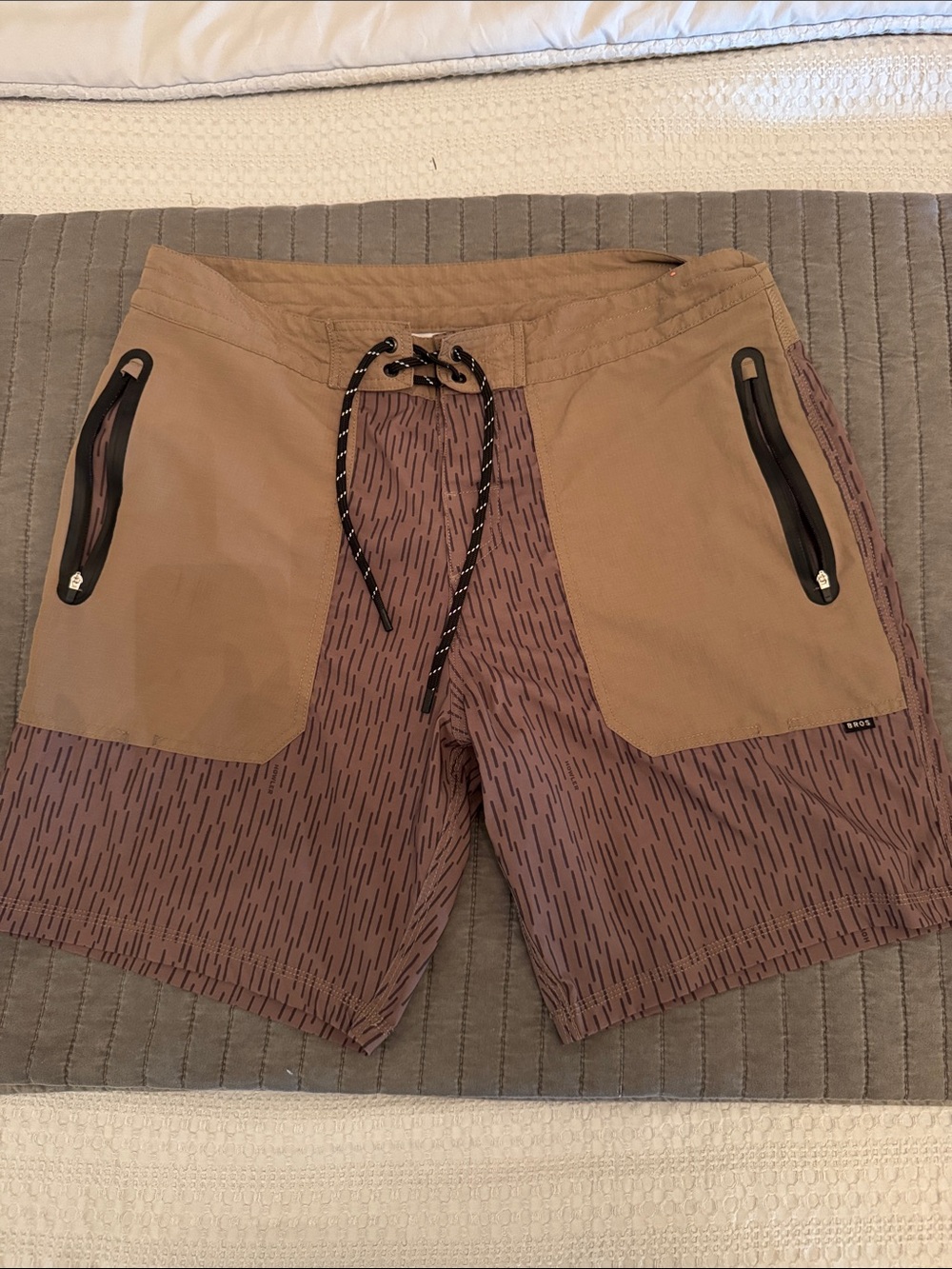 Howler Bros. Men's Tan and Brown Swim Board Shorts with Front Zip Pockets